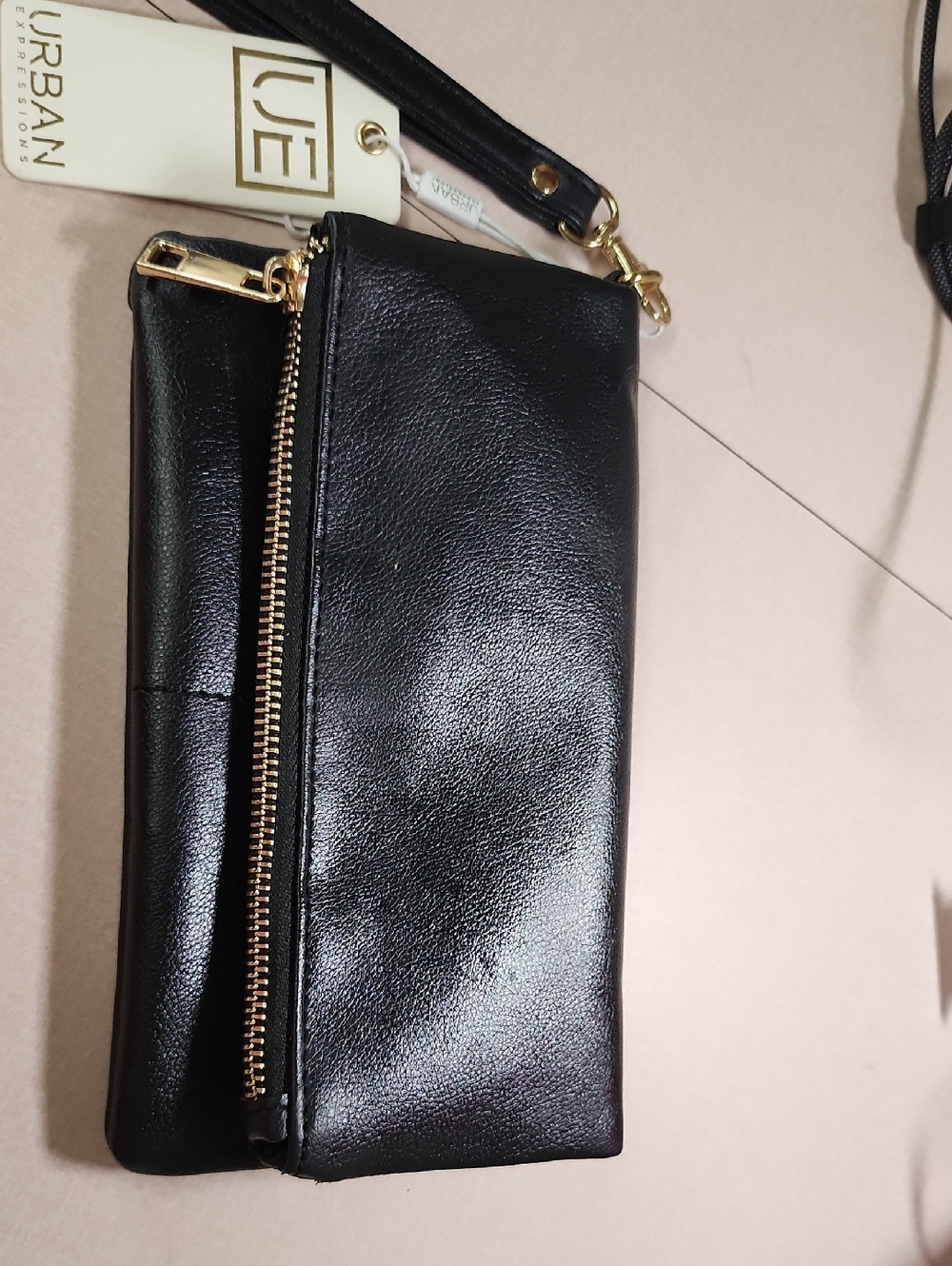 Urban Expressions Black Leather Wristlet Clutch with Gold Hardware